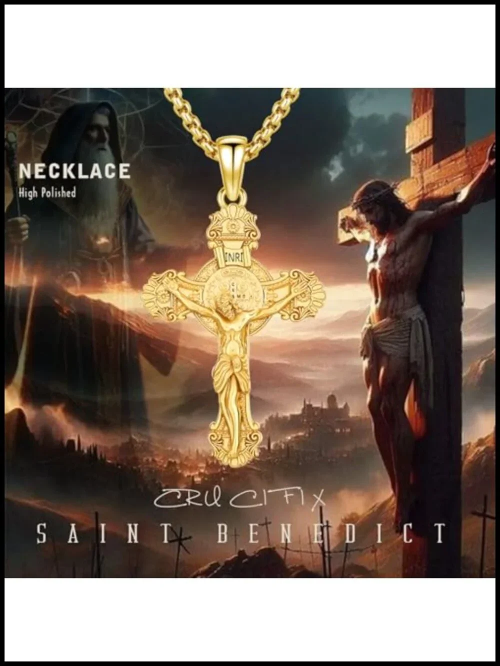 925 Sterling Silver Saint Benedict Crucifix Pendant Necklace with Stainless